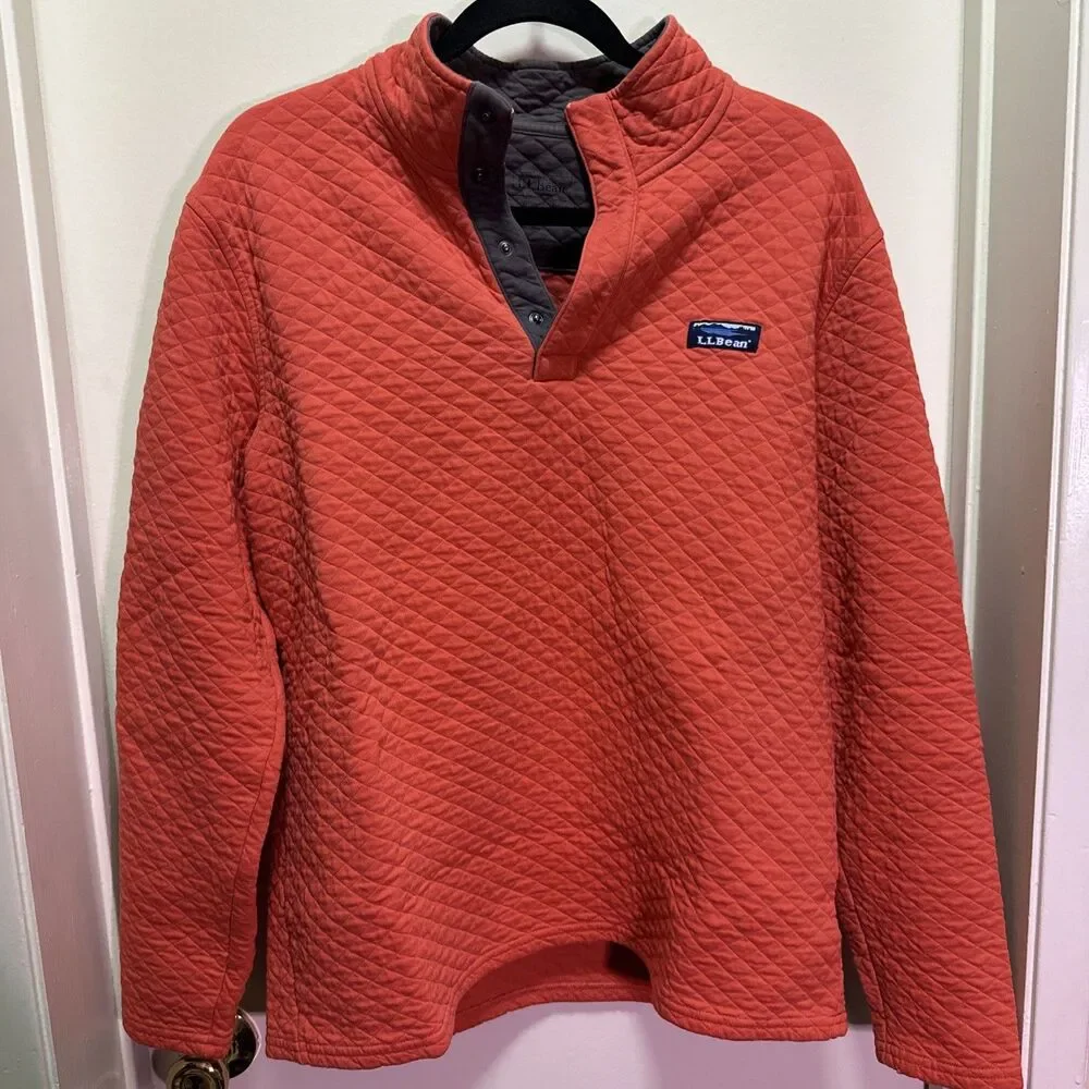 LL Bean Sweater Men Med Burnt Orange 1/4 Zip Quilted Casual Outdoors Hunt Golf